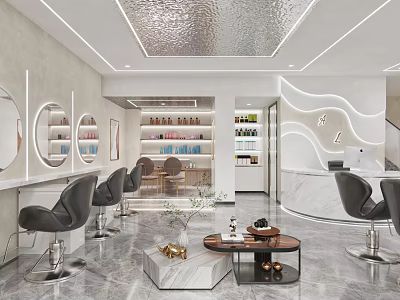 Elegant Modern Beauty and Hair Salon Interior With Styling Chairs Round Mirrors and Product Shelves 3d model