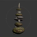 Natural Wood Stone Stacked Tower Structure With Organic Texture And Green Moss Details