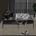 Modern Double Bed With Gray And Beige Pillows White Quilt Window Curtains And Potted Plant