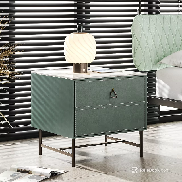 Green Leather Bedside Table with Stitched Details and Modern Lamp in Light Green Bedroom 3d model 