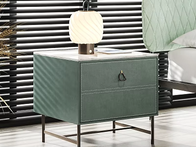 Green Leather Bedside Table with Stitched Details and Modern Lamp in Light Green Bedroom 3d model