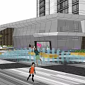 Modern Commercial Street With Tall Building Landscaped Areas Paved Square And Pedestrian Walkways