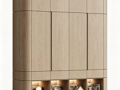 Modern Light Wooden Curved Decorative Cabinet With Built In Ambient Lighting For Home Storage 3d model