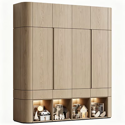 Modern Light Wooden Curved Decorative Cabinet With Built In Ambient Lighting For Home Storage 3d model