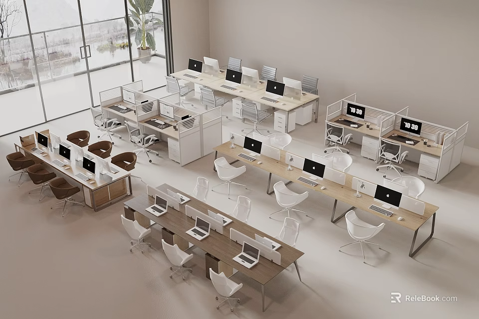 Modern Office Desks in Spacious Workspace with Computer Monitors White Brown Chairs and Large Windows 3d model 