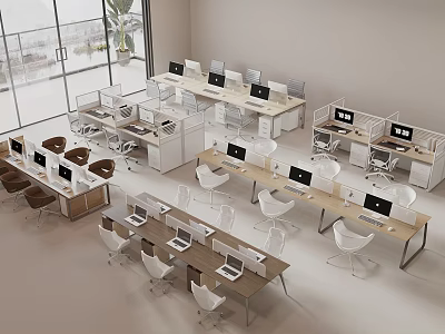 Modern Office Desks in Spacious Workspace with Computer Monitors White Brown Chairs and Large Windows 3d model