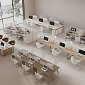 Modern Office Desks in Spacious Workspace with Computer Monitors White Brown Chairs and Large Windows