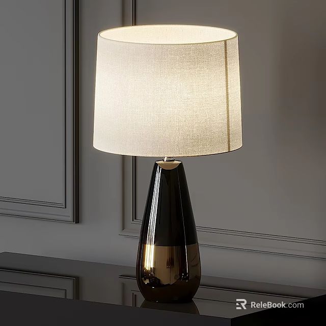 Modern Table Lamp With Linen Shade And Black Gold Base On Wooden Table 3d model 