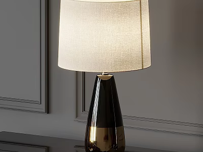 Modern Table Lamp With Linen Shade And Black Gold Base On Wooden Table 3d model