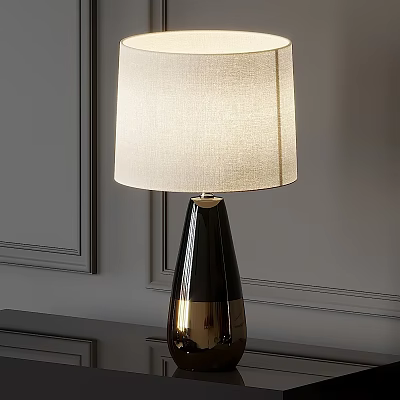 Modern Table Lamp With Linen Shade And Black Gold Base On Wooden Table 3d model