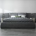 Contemporary Bedroom Interior With Gray Upholstered Double Bed Green Pillow And Glass Nightstand Lamps