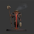 A Man Wearing Traditional Hat With Smoke Holding Lantern And Staff On Red Base