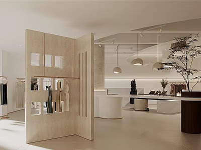 Elegant Light Luxury Clothing Store Interior With Wooden Partition And Neat Clothing Display Layout 3d model