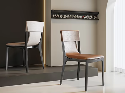 Modern Dining Chairs With Brown Leather Seat Beige Back And Black Metal Legs Design 3d model