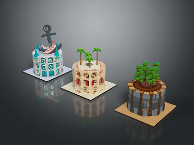 Block Style Themed Cakes with Anchor Palm Trees Green Trees and Architectural Details 3d model