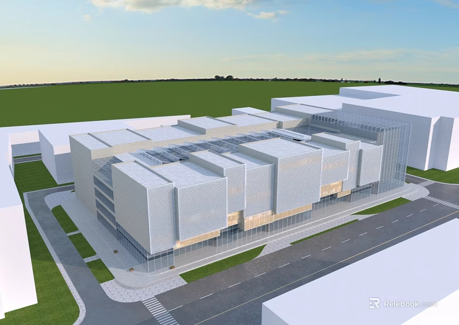 Modern Building Complex With White Exterior Glass Facade And Green Lawns 3d model 