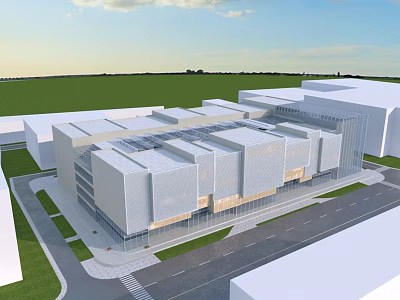 Modern Building Complex With White Exterior Glass Facade And Green Lawns 3d model