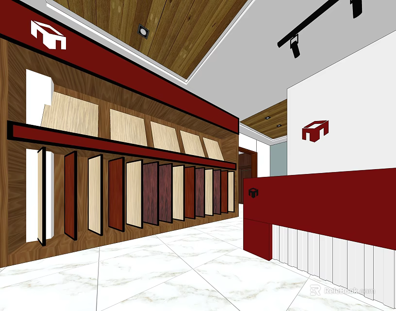 Specialty Store Interior Featuring Wooden Display Cabinets Colored Door Panels Red Walls White Marble Flooring 3d model 