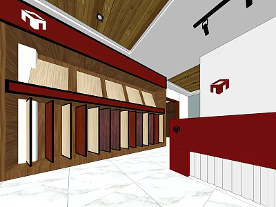 Specialty Store Interior Featuring Wooden Display Cabinets Colored Door Panels Red Walls White Marble Flooring 3d model