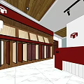 Specialty Store Interior Featuring Wooden Display Cabinets Colored Door Panels Red Walls White Marble Flooring