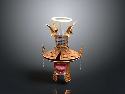 Ornate Golden Decorative Structure with Halo Top Wing like Panels Lattice Center and Base Pendants 3d model