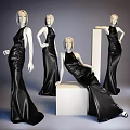 Models In Black Evening Dresses Posing And Leaning Against White Cubes 3d model