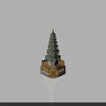 Traditional Chinese Multi Tiered Tower With Green Roof Golden Decoration And Stone Steps