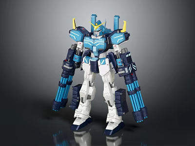 Blue And White Mecha Robot Action Figure With Yellow Horns And Weapons 3d model