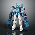Blue And White Mecha Robot Action Figure With Yellow Horns And Weapons 3d model