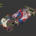 Blue Red White Streamlined Race Car With Aerodynamic Bodywork And Rear Wing