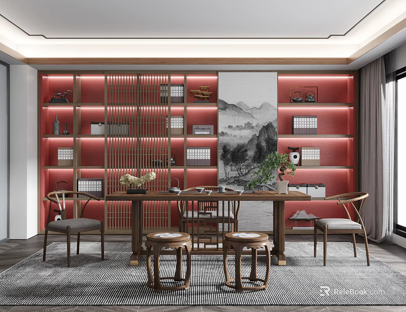 Chinese Style Tea Room Interior Design With Red Display Shelves Landscape Painting And Wooden Furniture 3d model 