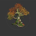 Cartoon Style Fantasy Tree With Red Orange Leaves And Green Vines On Pink Base