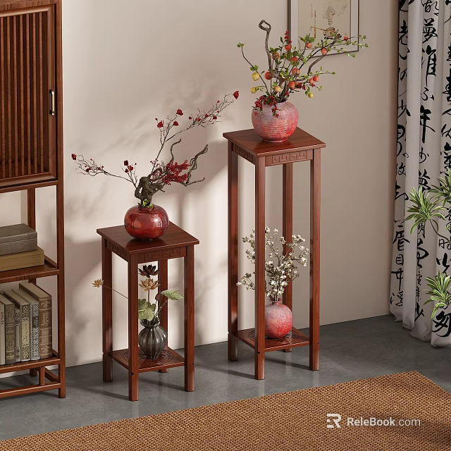 Two Wooden Flower Stands with Vases and Decorative Branches in Traditional Chinese Interior 3d model 