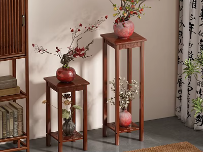 Two Wooden Flower Stands with Vases and Decorative Branches in Traditional Chinese Interior 3d model