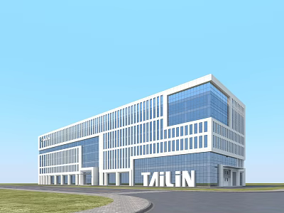 Modern Industrial Factory with Glass Curtain Wall and Tailin Logo Surrounded by Lawn and Road 3d model