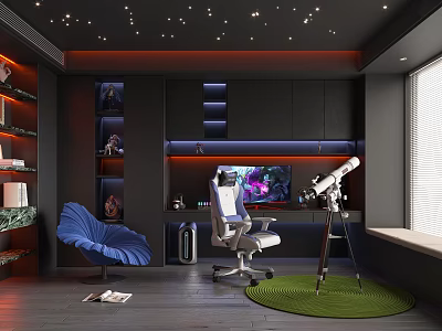 Modern Home Theater Room Interior With Starry Ceiling Gaming Chair TV And Telescope 3d model