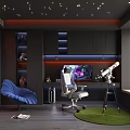 Modern Home Theater Room Interior With Starry Ceiling Gaming Chair TV And Telescope