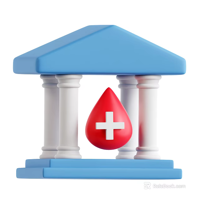 Red Cross Blood Drop Symbol In Front Of Blue Building With White Columns 3d model 