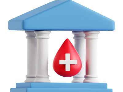 Red Cross Blood Drop Symbol In Front Of Blue Building With White Columns 3d model