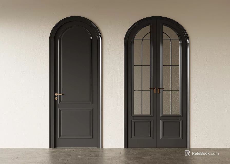 Modern Black Hinged Doors Single and Double with Glass Panels Golden Handles Design 3d model 