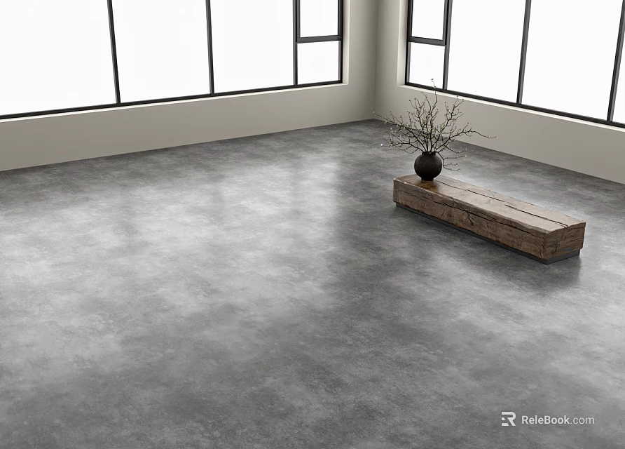 Gray Cement Floor in Bright Room With Large Windows Wooden Bench Black Vase and Plant 3d model 