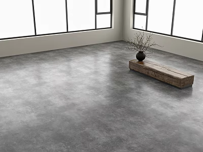 Gray Cement Floor in Bright Room With Large Windows Wooden Bench Black Vase and Plant 3d model
