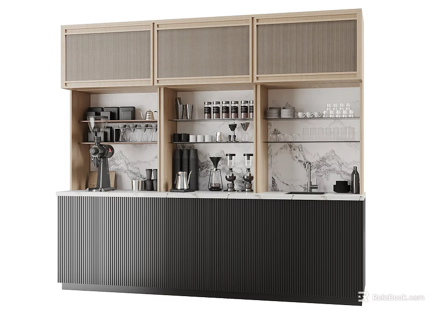 Modern Café Interior Design With Wooden Cabinets Marble Countertop Coffee Equipment And Glassware 3d model 