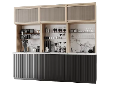 Modern Café Interior Design With Wooden Cabinets Marble Countertop Coffee Equipment And Glassware 3d model