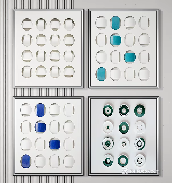 White Display Frames With Compartments Holding Colorful Small Decorative Items 3d model