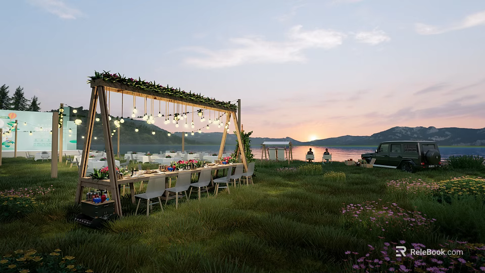 Garden Landscape With Scenic Grassland Outdoor Dining Setup Decorative Wooden Frame Hanging Lights And Sunset 3d model 