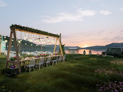Garden Landscape With Scenic Grassland Outdoor Dining Setup Decorative Wooden Frame Hanging Lights And Sunset 3d model