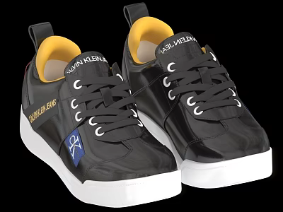 Black Casual Sneakers With White Sole Yellow Lining And Blue Logo Detail 3d model
