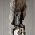 Modern Decorative Ornament Combination With Wooden Mirror Wall Vase Dried Branches Books And Candle