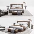 Modern Double Bed Interior with Bedside Tables Bench Blanket and Pillows on Rug 3d model